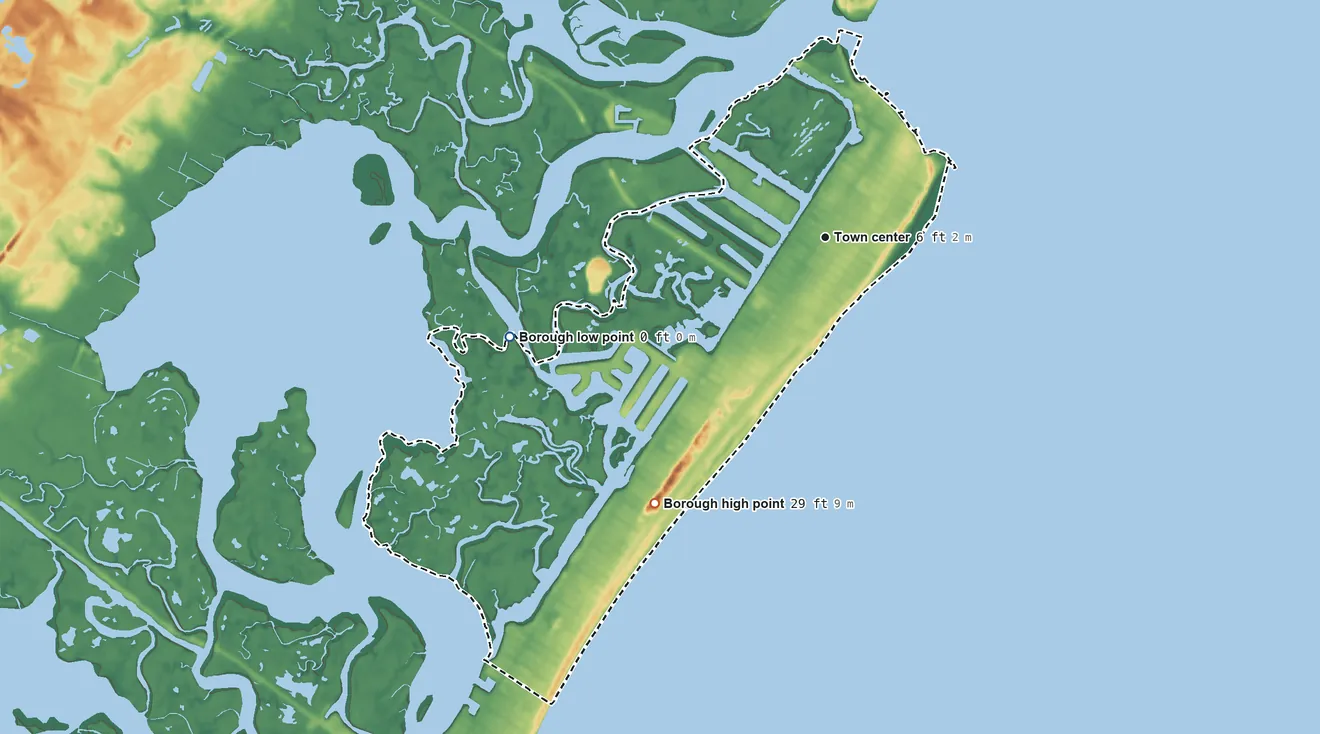 Topographic elevation map of Avalon, New Jersey, shaded from sea level level on Great Sound to 29 ft on the southwest side