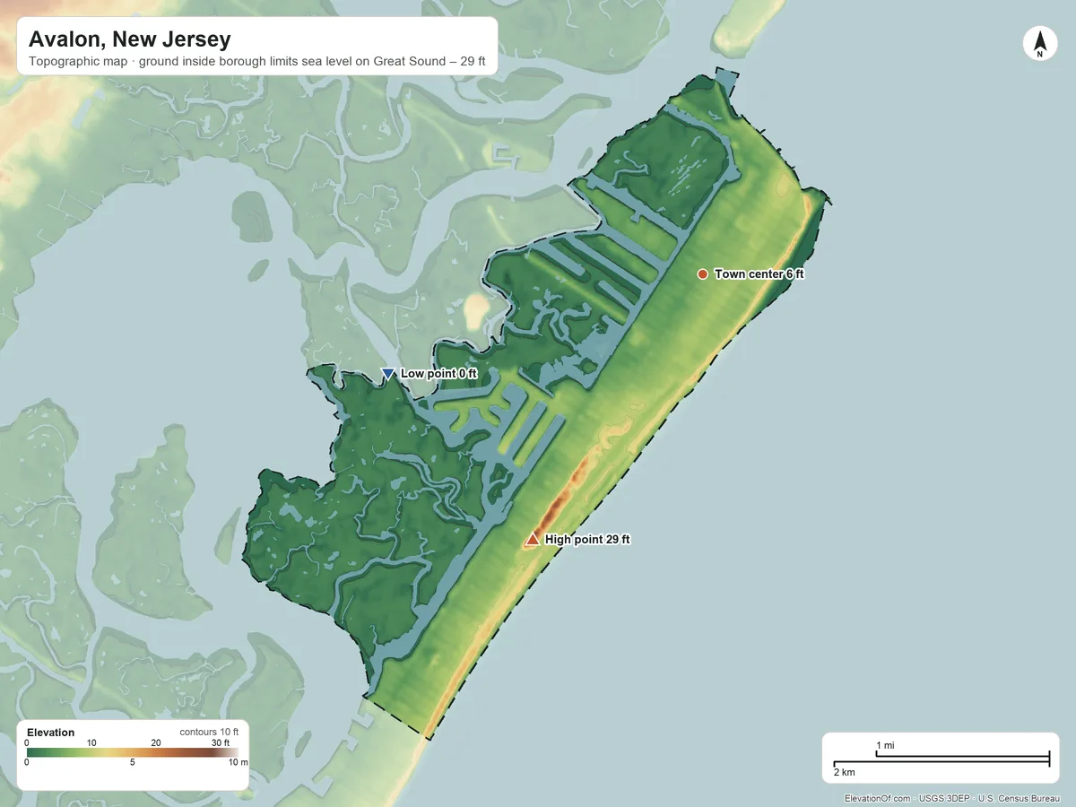 Topographic elevation map of Avalon, New Jersey, shaded from sea level level on Great Sound to 29 ft on the southwest side