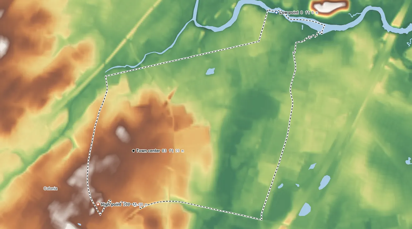 Topographic elevation map of Avenel, New Jersey, shaded from 0 ft on the northeast side to 100 ft on the southwest side