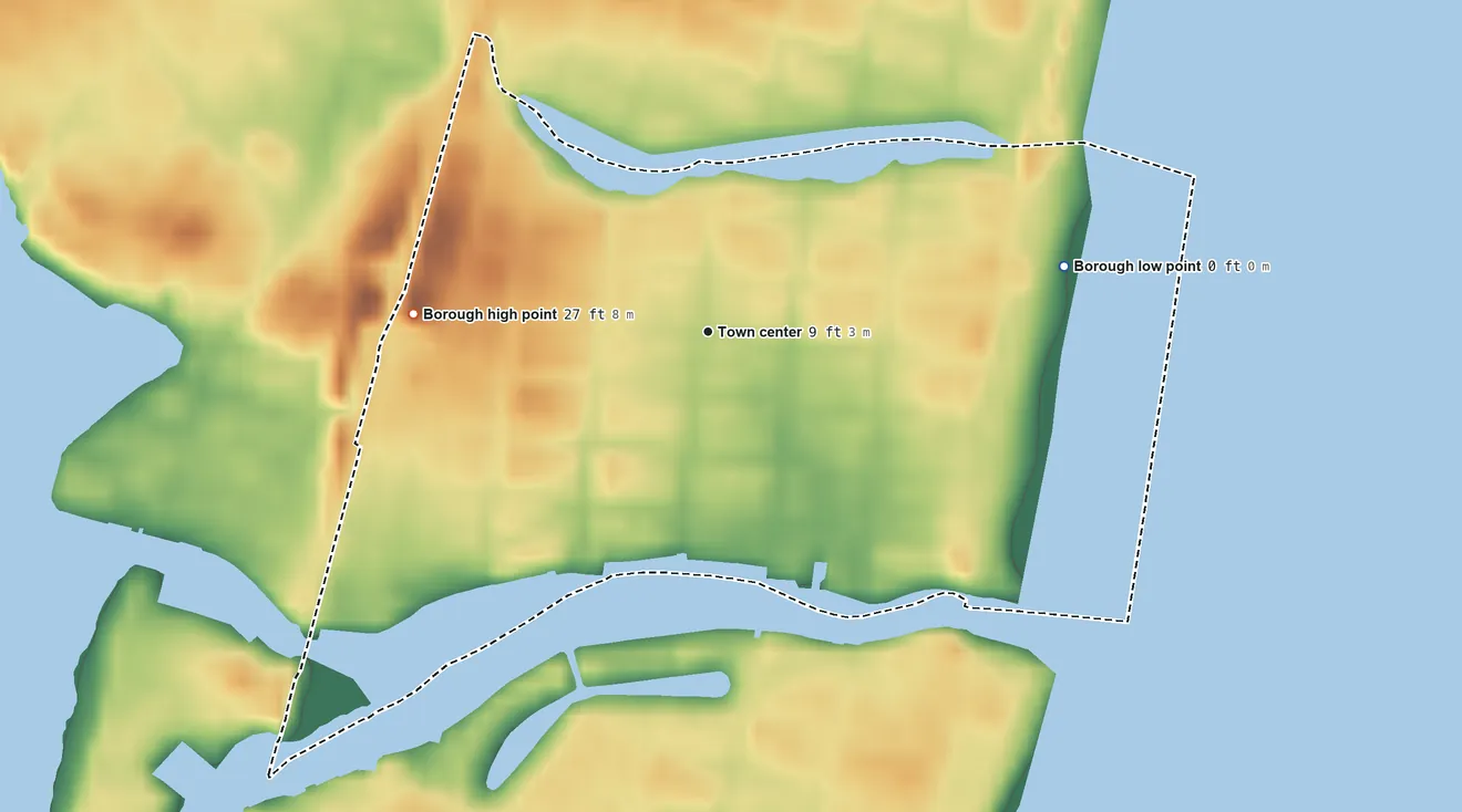 Topographic elevation map of Avon-by-the-Sea, New Jersey, shaded from sea level level on the Atlantic Ocean to 27 ft on the west side
