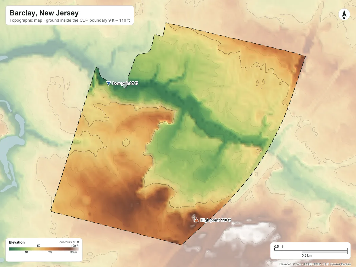 Topographic elevation map of Barclay, New Jersey, shaded from 9 ft on the northwest side to 110 ft on the south side