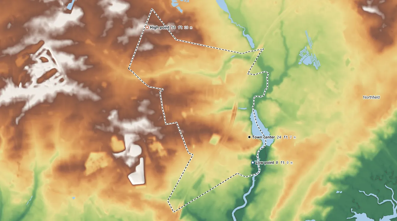Topographic elevation map of Bargaintown, New Jersey, shaded from 0 ft on the south side to 58 ft on the northwest side