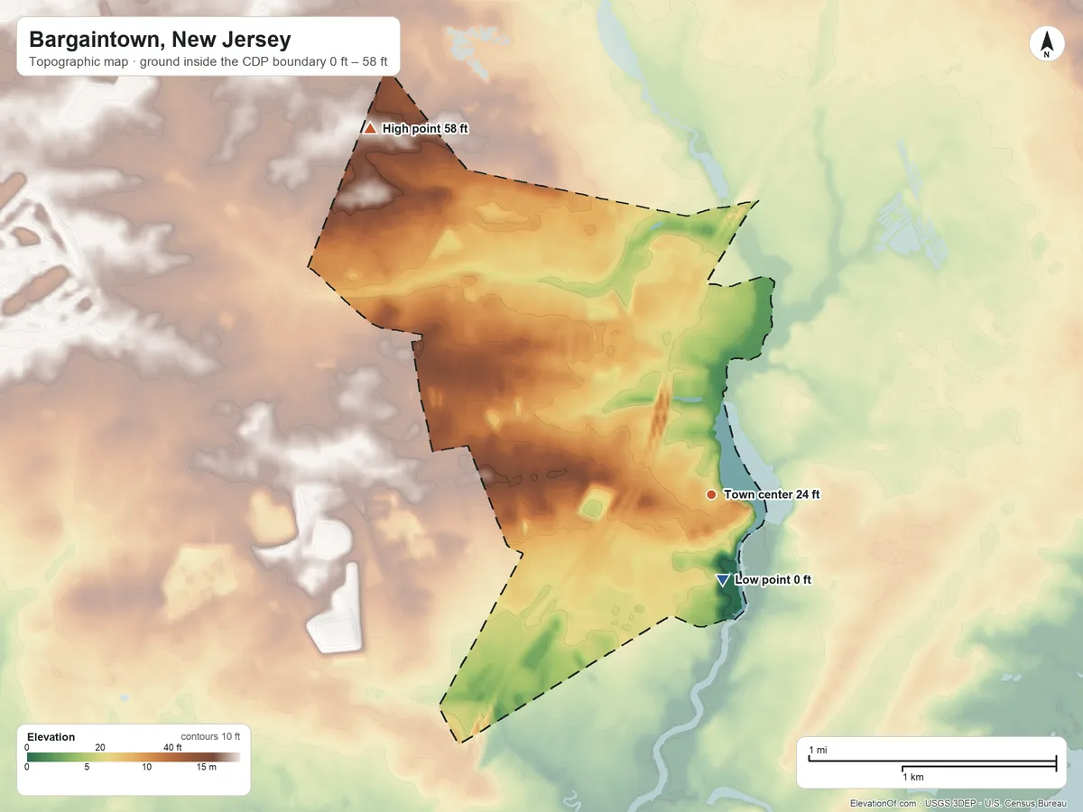Topographic elevation map of Bargaintown, New Jersey, shaded from 0 ft on the south side to 58 ft on the northwest side
