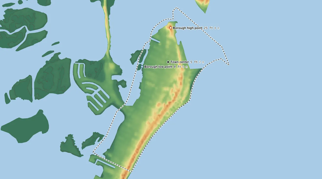 Topographic elevation map of Barnegat Light, New Jersey, shaded from sea level level on Barnegat Bay to 25 ft on the north side