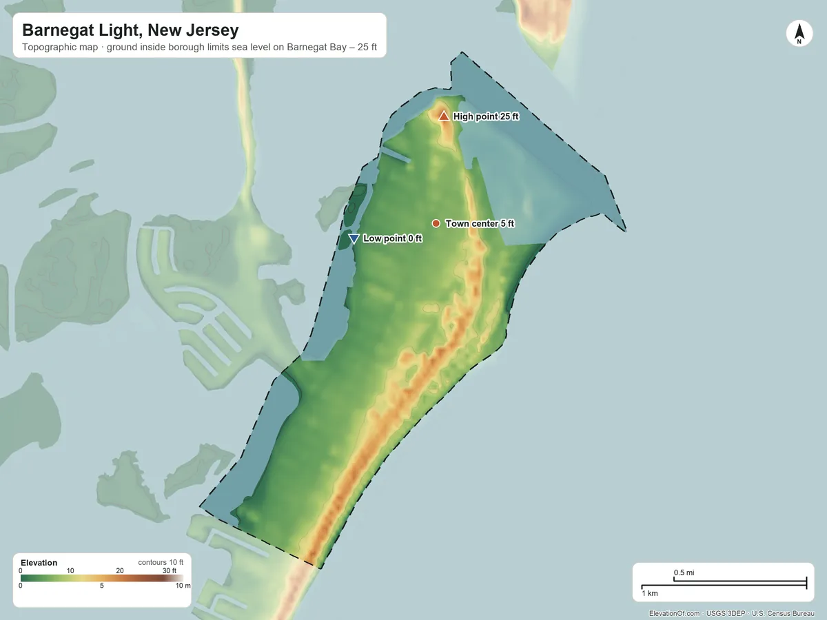 Topographic elevation map of Barnegat Light, New Jersey, shaded from sea level level on Barnegat Bay to 25 ft on the north side
