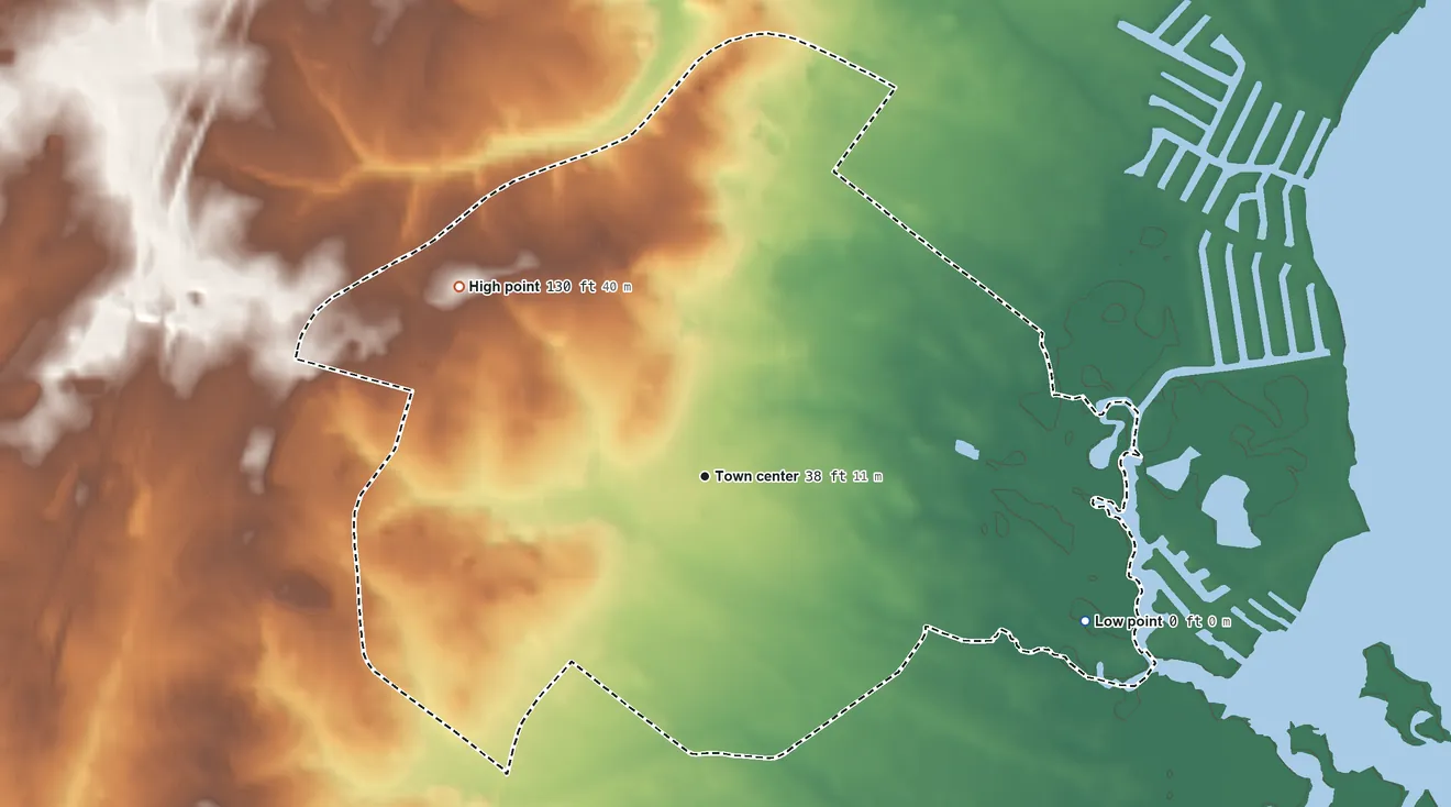 Topographic elevation map of Barnegat, New Jersey, shaded from sea level level on Barnegat Bay to 130 ft on the northwest side