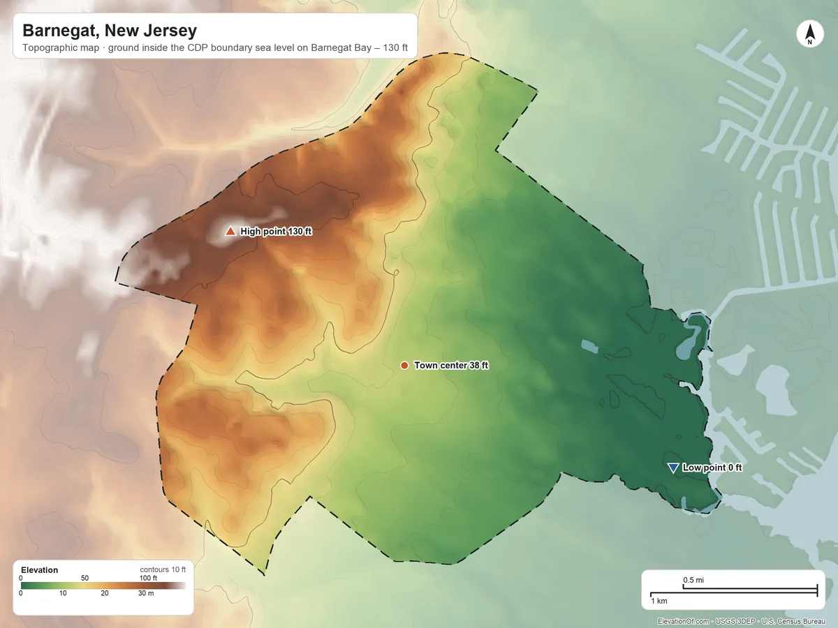 Topographic elevation map of Barnegat, New Jersey, shaded from sea level level on Barnegat Bay to 130 ft on the northwest side