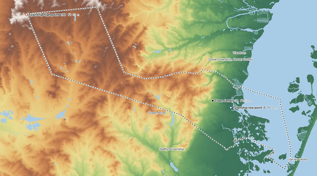 Topographic elevation map of Barnegat Township, New Jersey, shaded from sea level level on Barnegat Bay to 200 ft on the northwest side