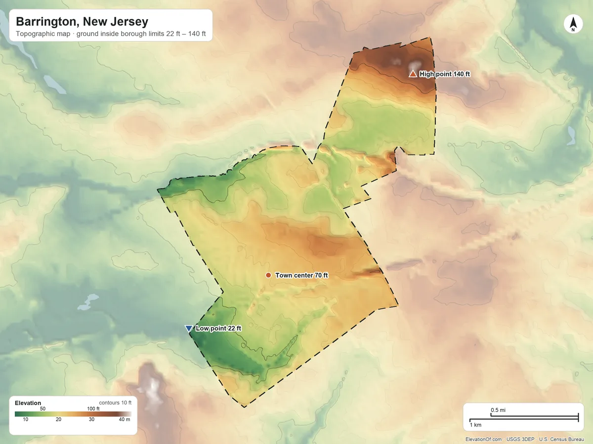 Topographic elevation map of Barrington, New Jersey, shaded from 22 ft on the southwest side to 140 ft on the northeast side
