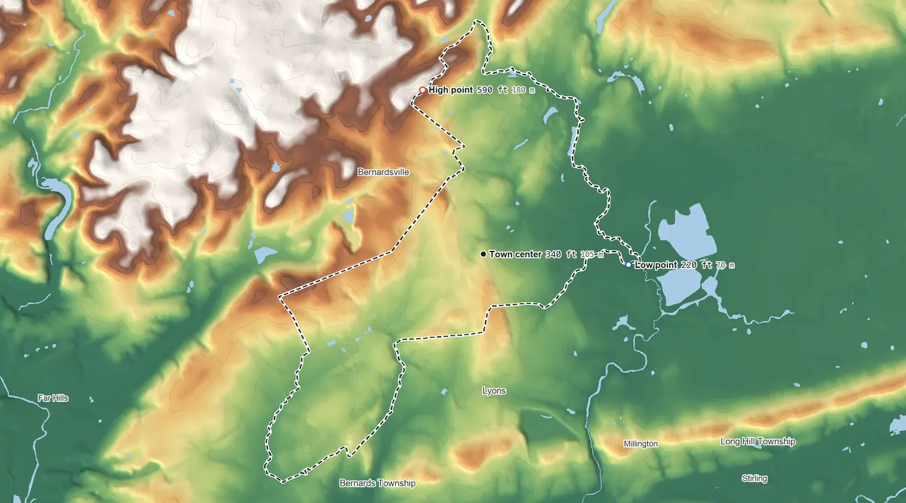 Topographic elevation map of Basking Ridge, New Jersey, shaded from 220 ft on the east side to 590 ft on the north side