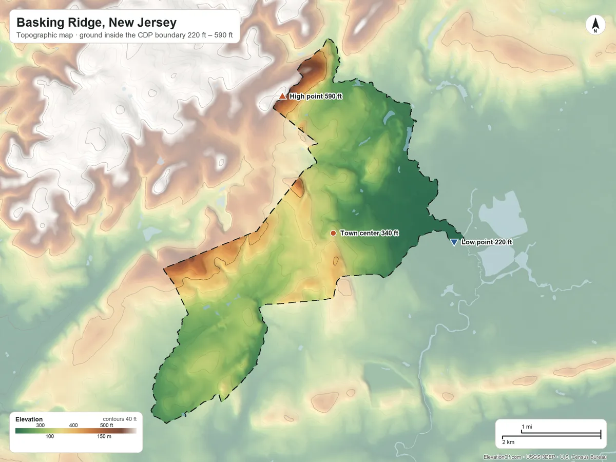 Topographic elevation map of Basking Ridge, New Jersey, shaded from 220 ft on the east side to 590 ft on the north side