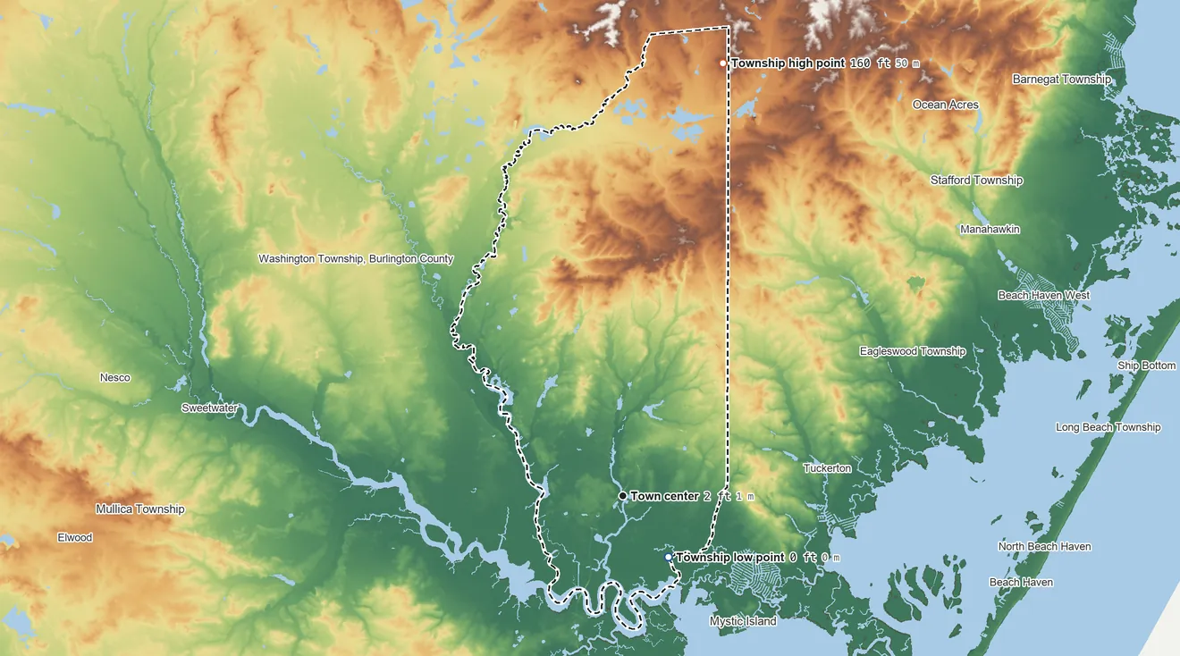 Topographic elevation map of Bass River Township, New Jersey, shaded from 0 ft on the southeast side to 160 ft on the north side
