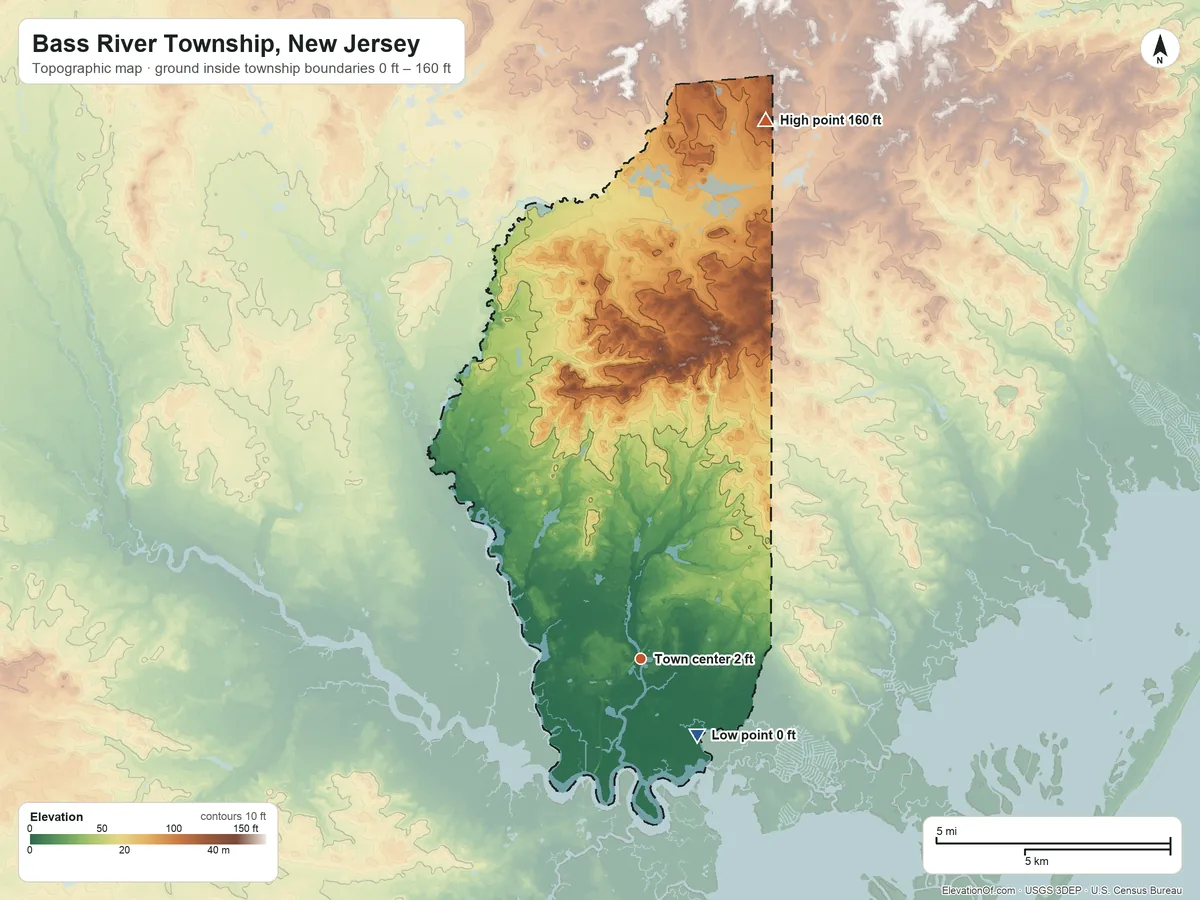 Topographic elevation map of Bass River Township, New Jersey, shaded from 0 ft on the southeast side to 160 ft on the north side