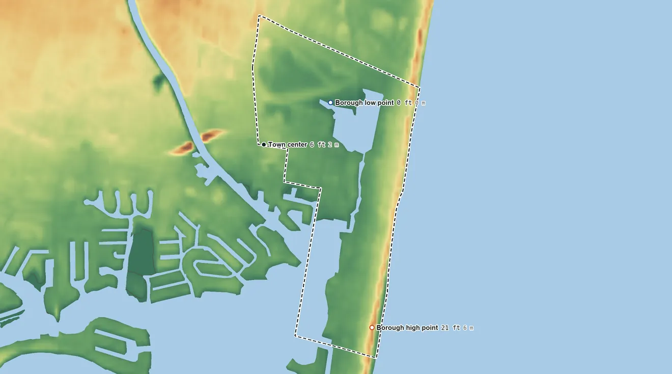 Topographic elevation map of Bay Head, New Jersey, shaded from sea level level on Barnegat Bay to 21 ft on the southeast side