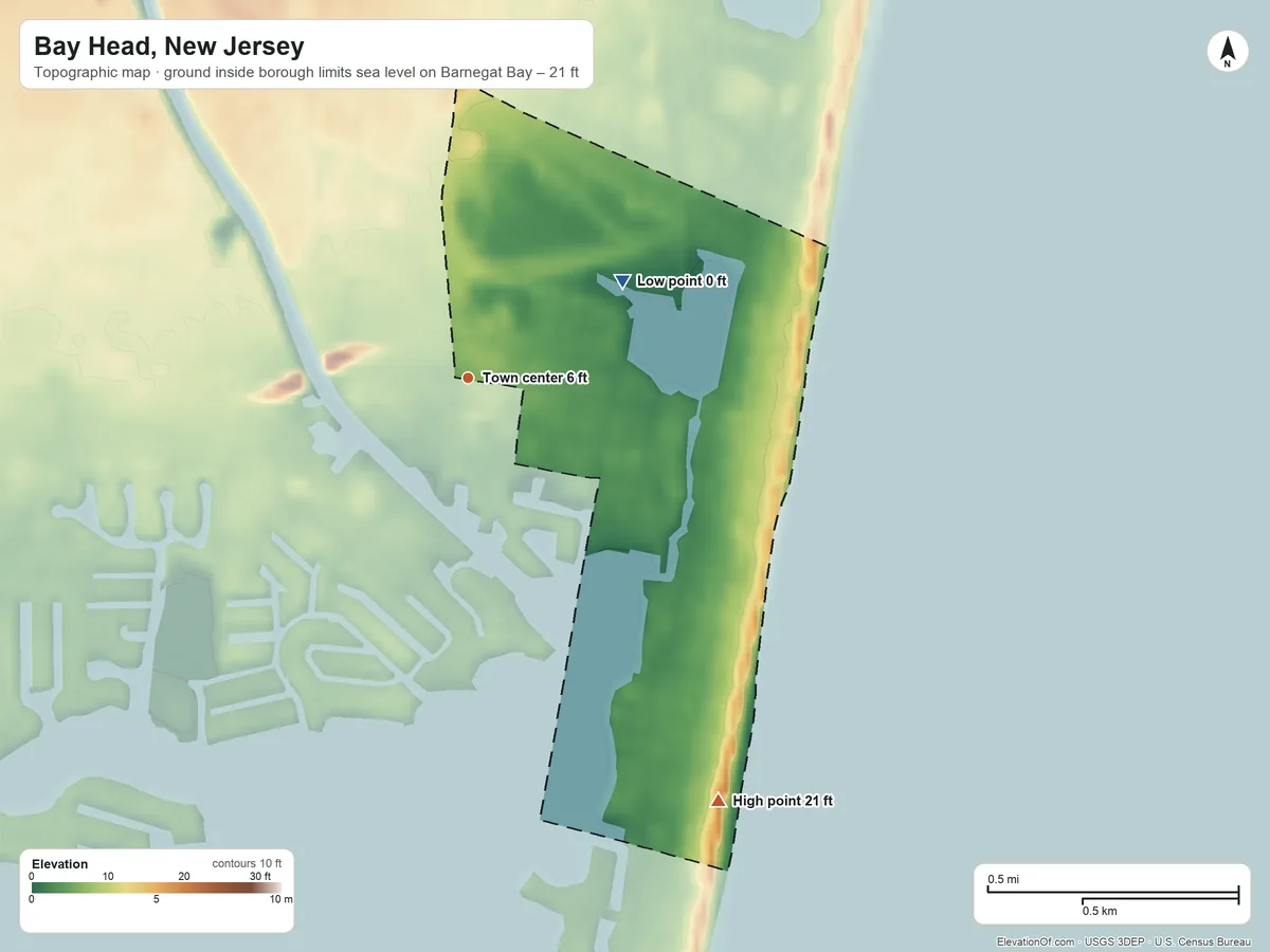 Topographic elevation map of Bay Head, New Jersey, shaded from sea level level on Barnegat Bay to 21 ft on the southeast side