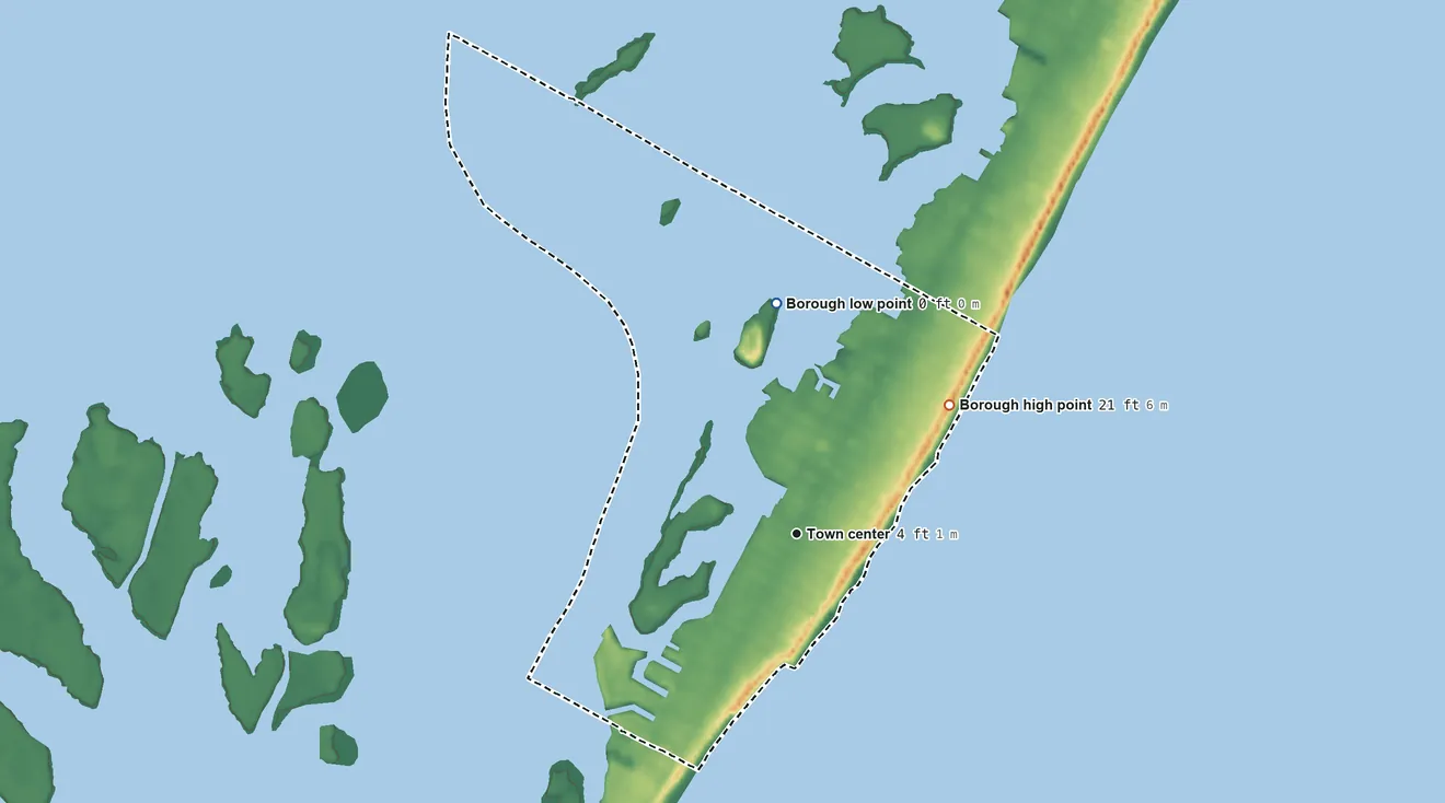 Topographic elevation map of Beach Haven, New Jersey, shaded from sea level level on Little Egg Harbor to 21 ft on the northeast side