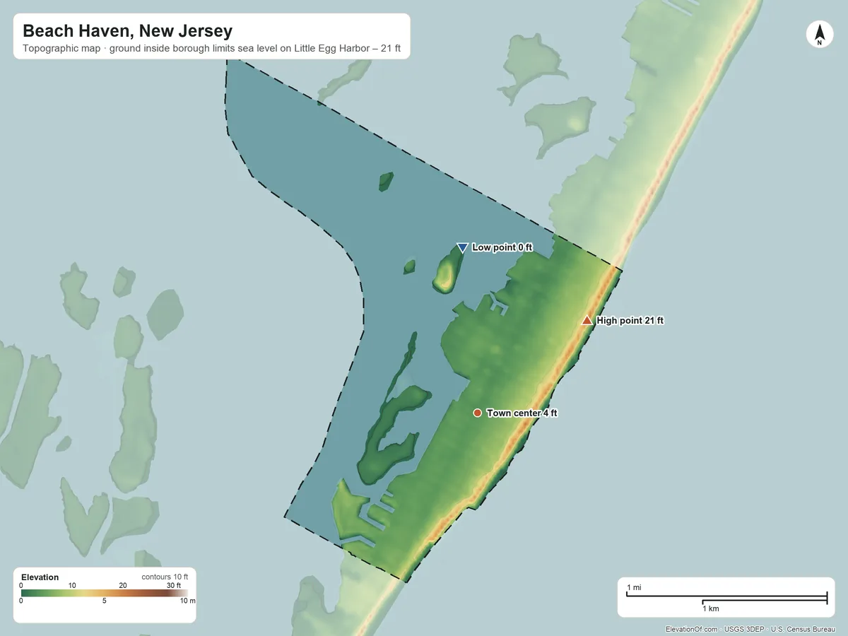 Topographic elevation map of Beach Haven, New Jersey, shaded from sea level level on Little Egg Harbor to 21 ft on the northeast side