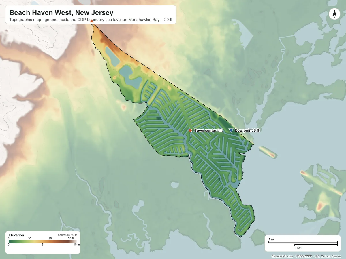Topographic elevation map of Beach Haven West, New Jersey, shaded from sea level level on Manahawkin Bay to 29 ft on the northwest side