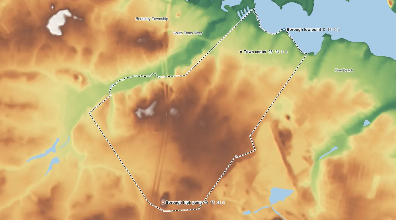 Topographic elevation map of Beachwood, New Jersey, shaded from sea level level on the Toms River to 75 ft on the southwest side