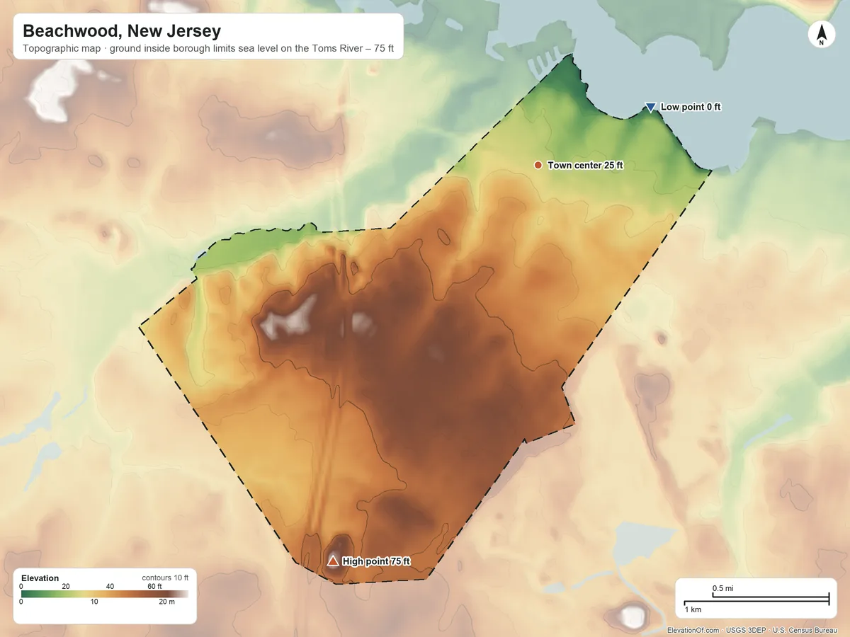 Topographic elevation map of Beachwood, New Jersey, shaded from sea level level on the Toms River to 75 ft on the southwest side