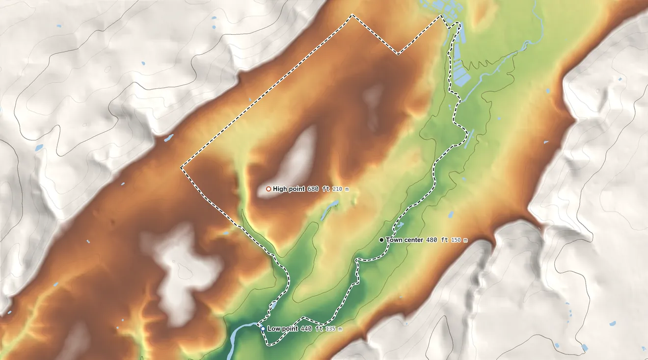 Topographic elevation map of Beattystown, New Jersey, shaded from 440 ft on the southwest side to 680 ft at the foot of the Fox Hill Range