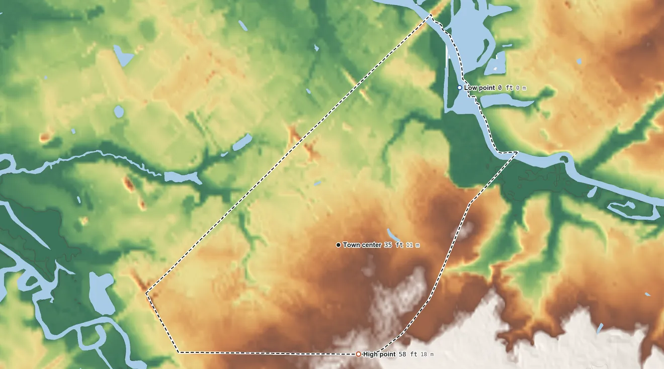 Topographic elevation map of Beckett, New Jersey, shaded from 0 ft on the northeast side to 58 ft on the south side