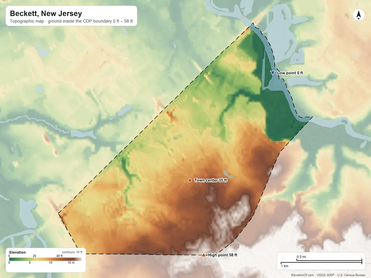 Topographic elevation map of Beckett, New Jersey, shaded from 0 ft on the northeast side to 58 ft on the south side