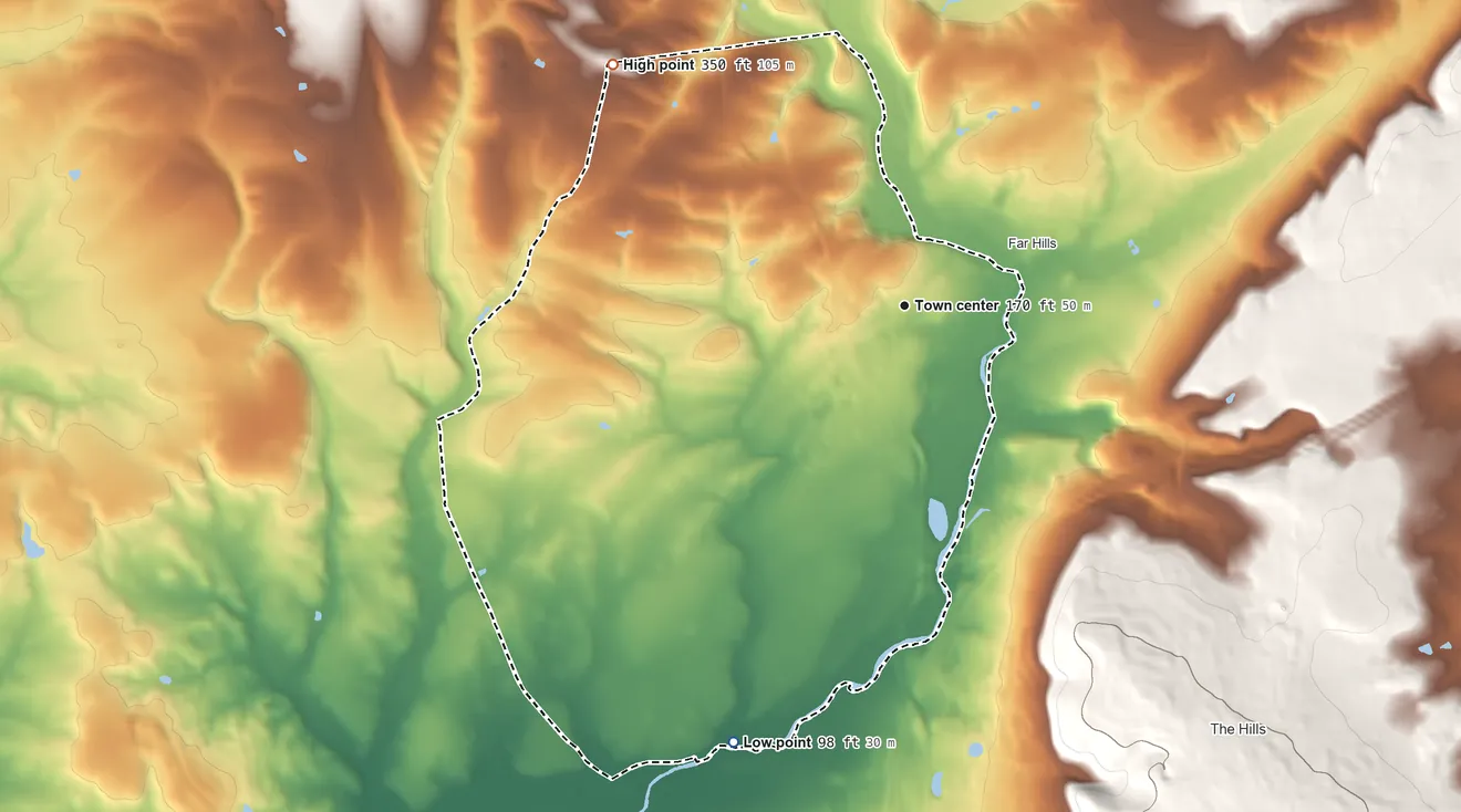 Topographic elevation map of Bedminster, New Jersey, shaded from 98 ft on the south side to 350 ft on the northwest side