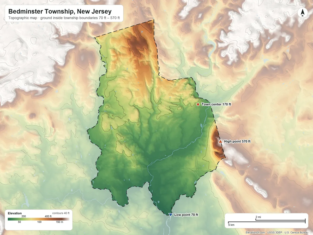 Topographic elevation map of Bedminster Township, New Jersey, shaded from 70 ft on the south side to 570 ft on the southeast side