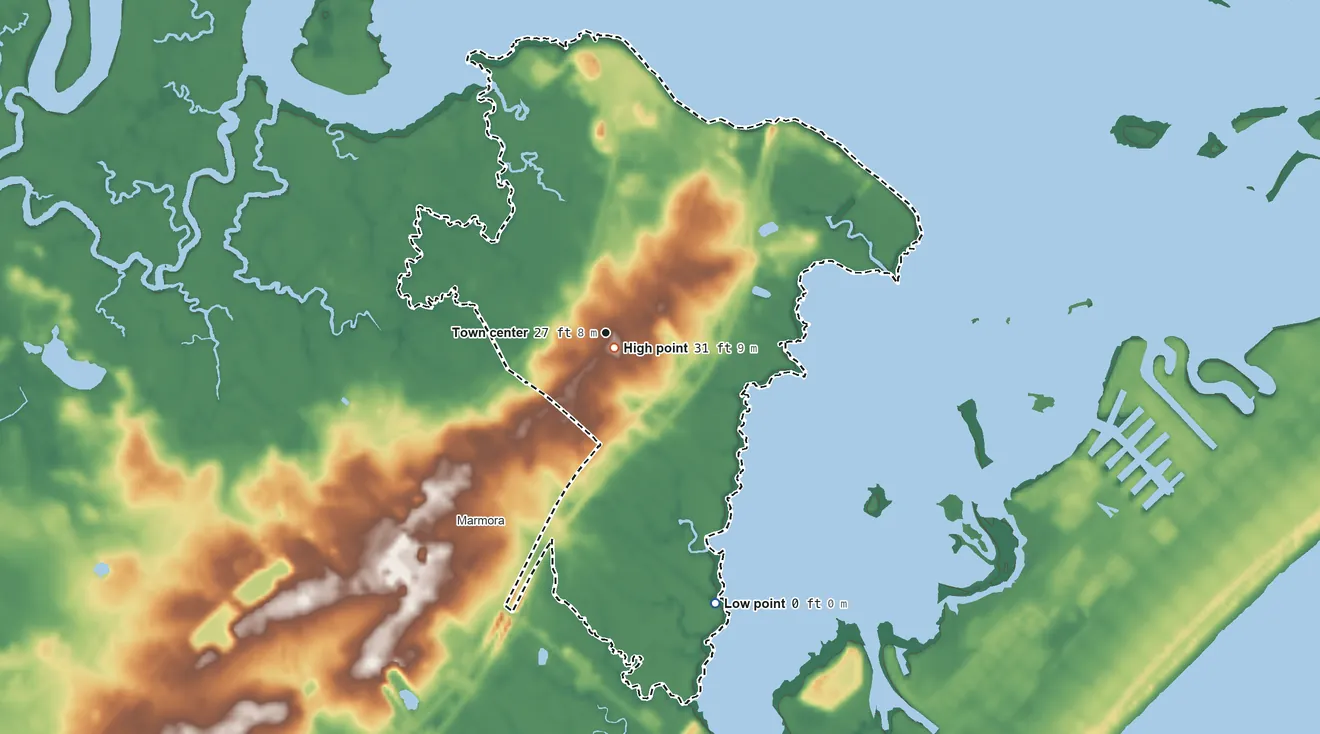 Topographic elevation map of Beesleys Point, New Jersey, shaded from sea level level on Great Egg Harbor Bay to 31 ft near the middle