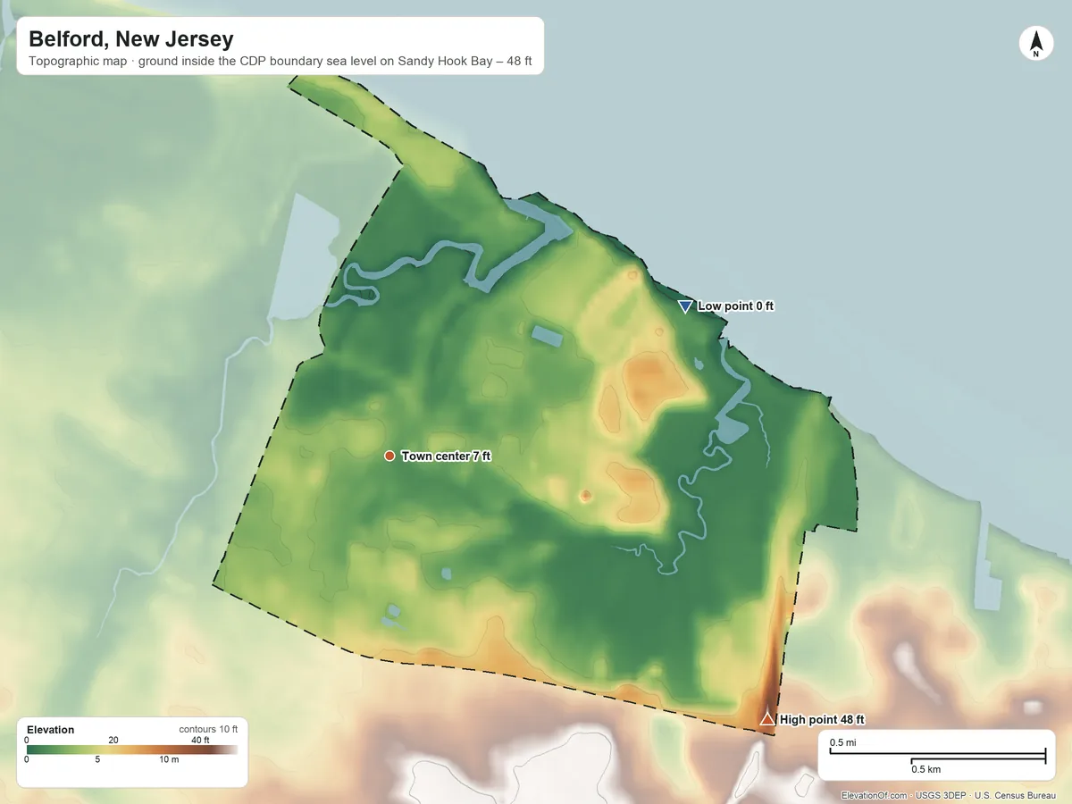 Topographic elevation map of Belford, New Jersey, shaded from sea level level on Sandy Hook Bay to 48 ft on the southeast side