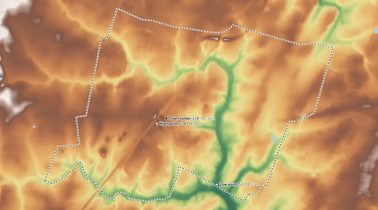 Topographic elevation map of Belle Mead, New Jersey, shaded from 57 ft on the southeast side to 130 ft near the middle