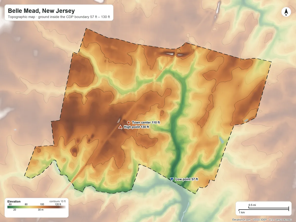 Topographic elevation map of Belle Mead, New Jersey, shaded from 57 ft on the southeast side to 130 ft near the middle