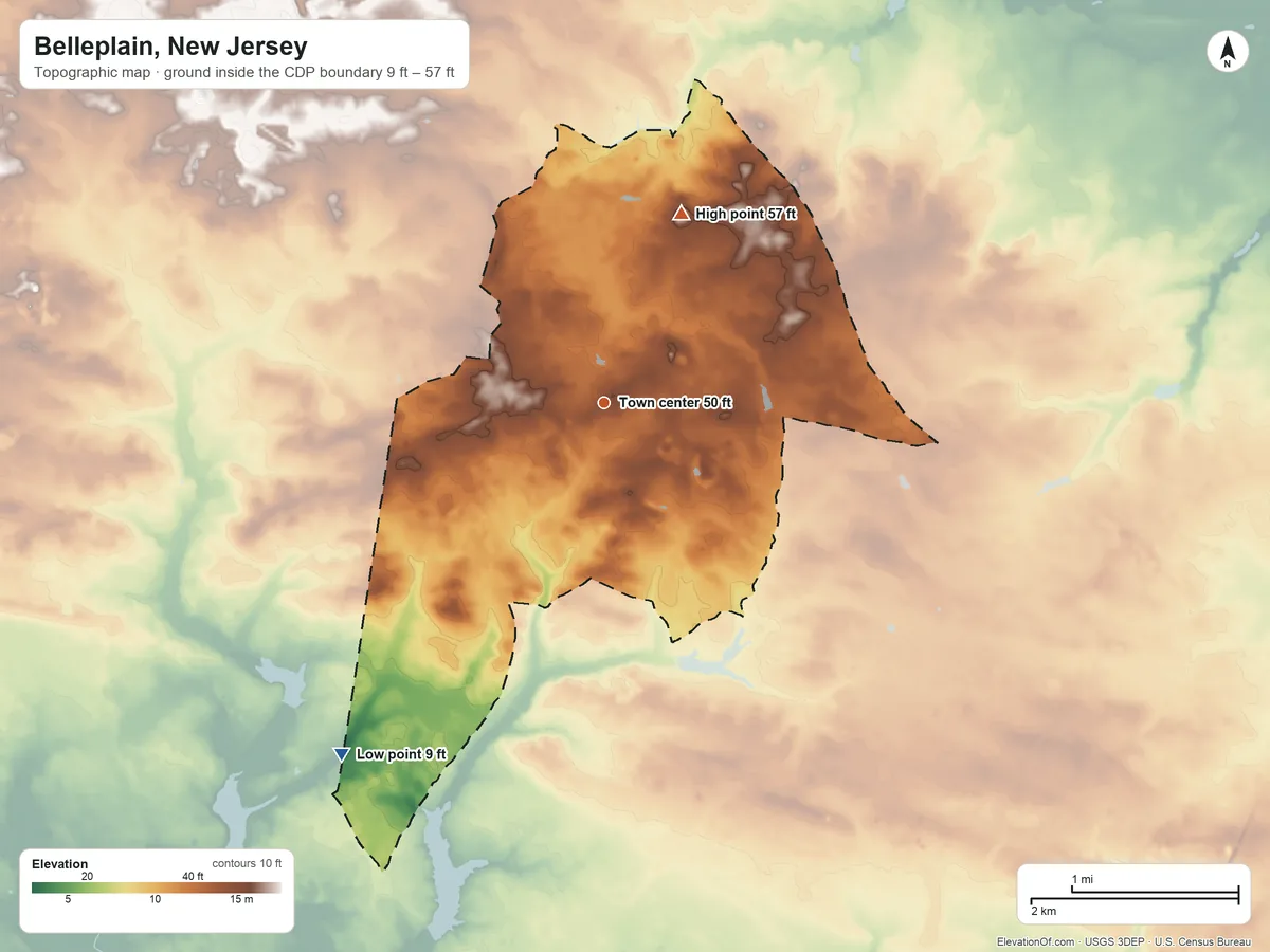 Topographic elevation map of Belleplain, New Jersey, shaded from 9 ft on the southwest side to 57 ft on the north side