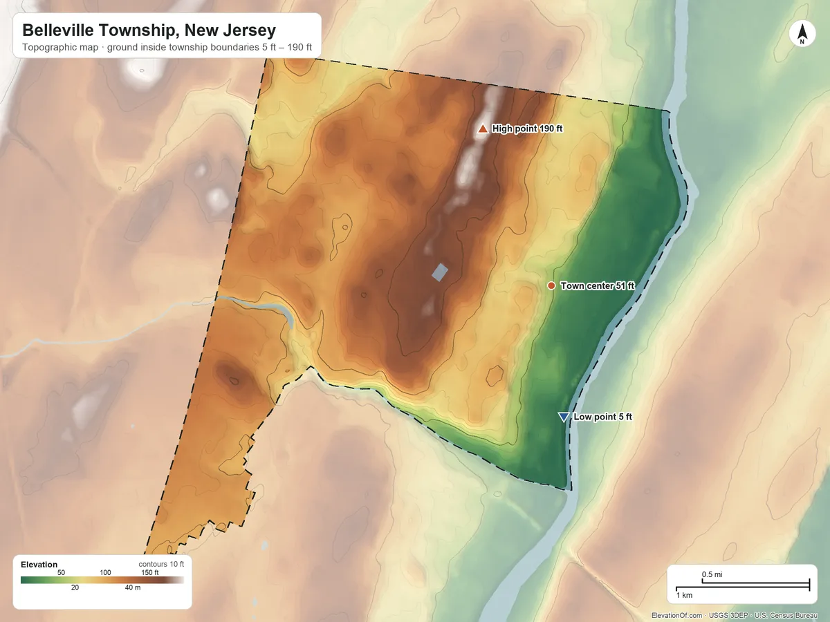 Topographic elevation map of Belleville Township, New Jersey, shaded from 5 ft on the south side to 190 ft on the northwest side