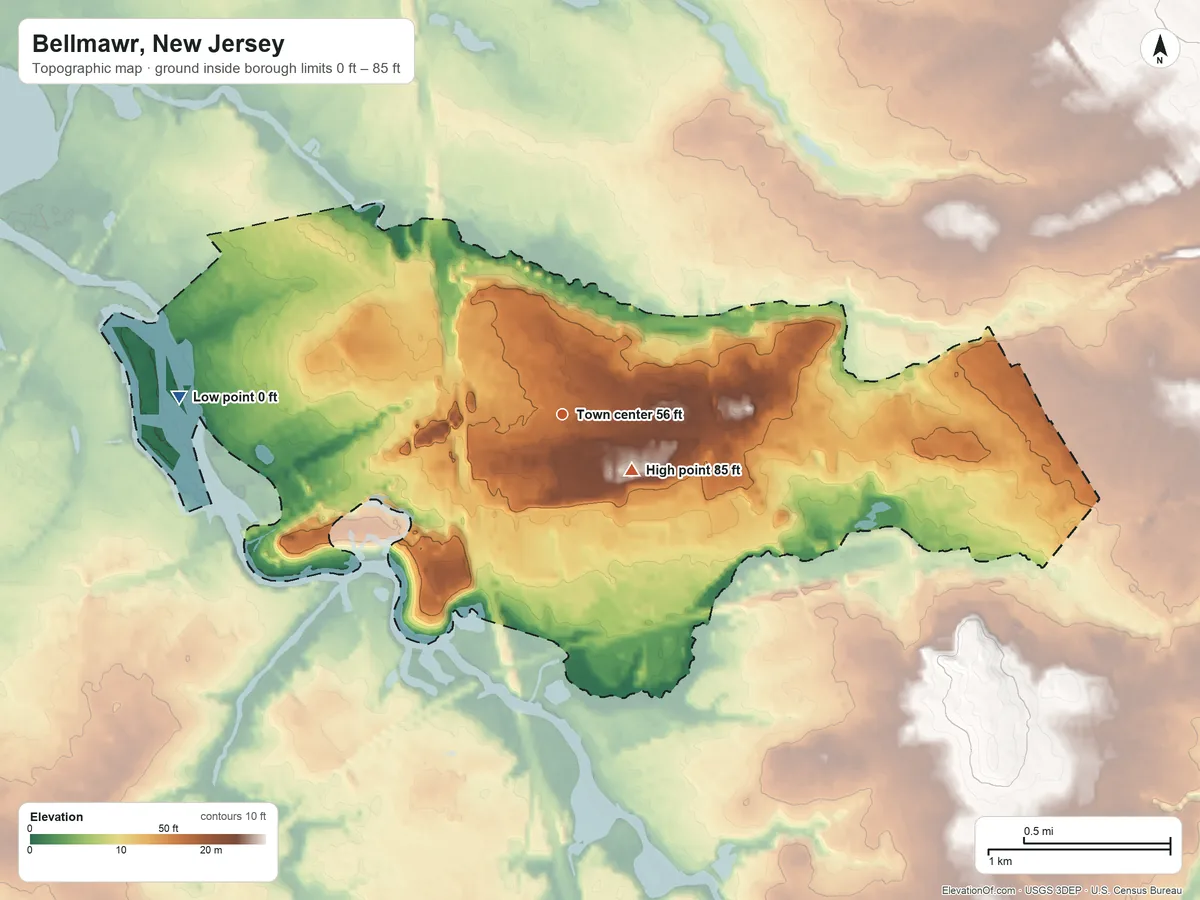 Topographic elevation map of Bellmawr, New Jersey, shaded from 0 ft on the west side to 85 ft near the middle