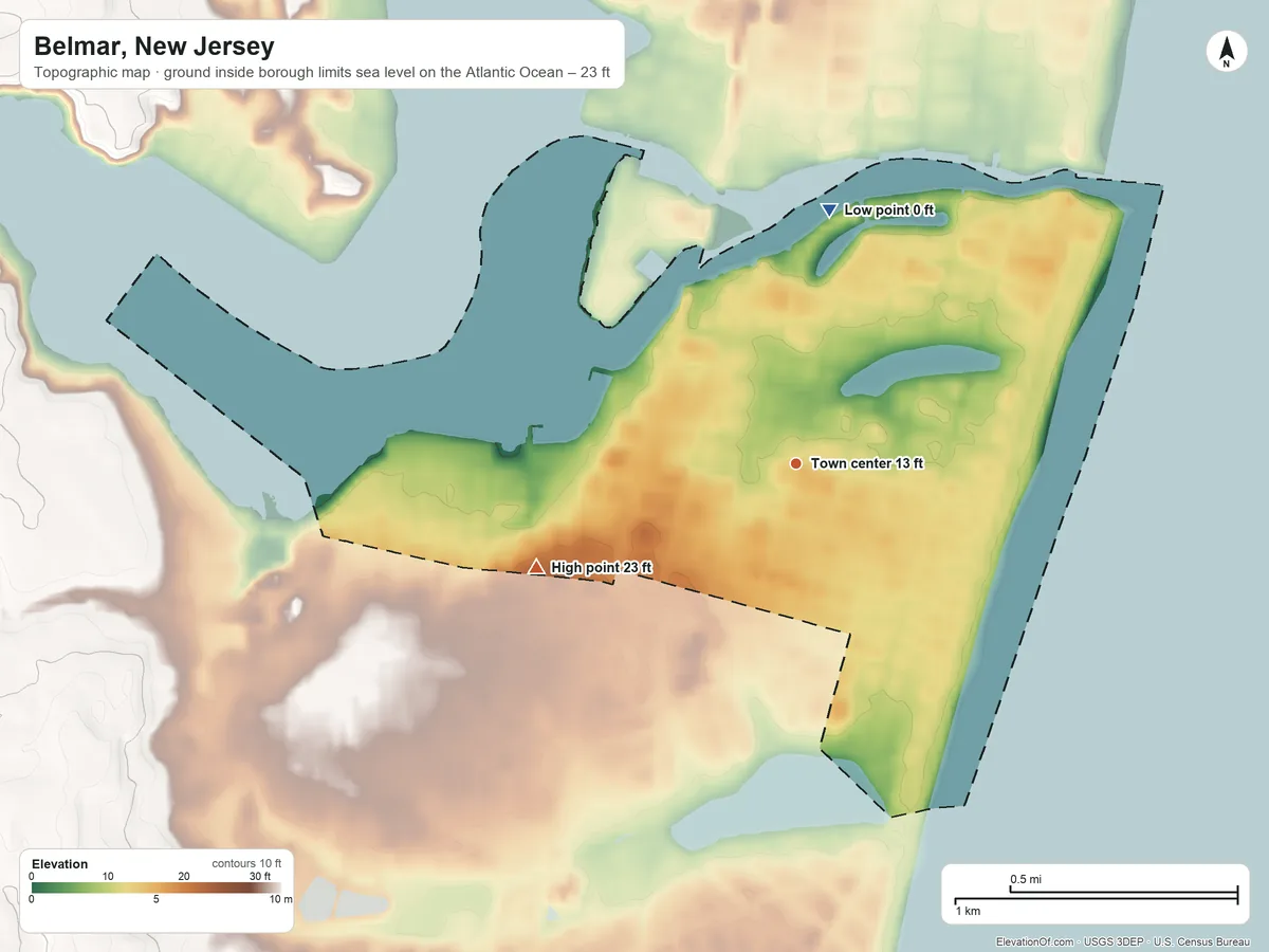 Topographic elevation map of Belmar, New Jersey, shaded from sea level level on the Atlantic Ocean to 23 ft on the west side