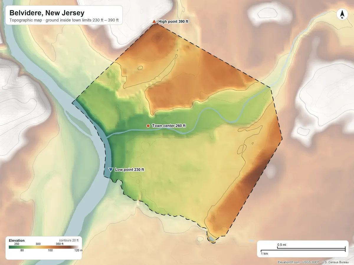 Topographic elevation map of Belvidere, New Jersey, shaded from 230 ft on the southwest side to 390 ft on the north edge, below higher ground just outside