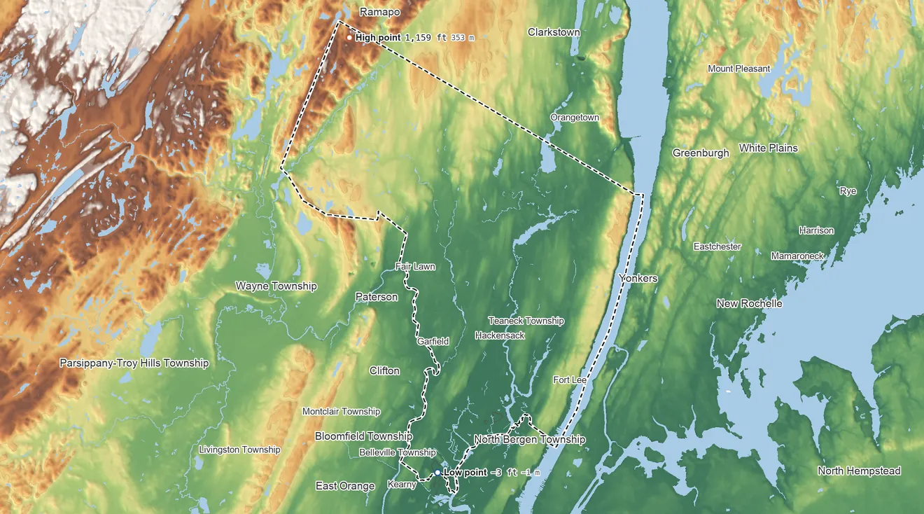 Topographic elevation map of Bergen County, New Jersey, shaded from 3 ft below sea level on the south side to 1,159 ft on Bald Mountain
