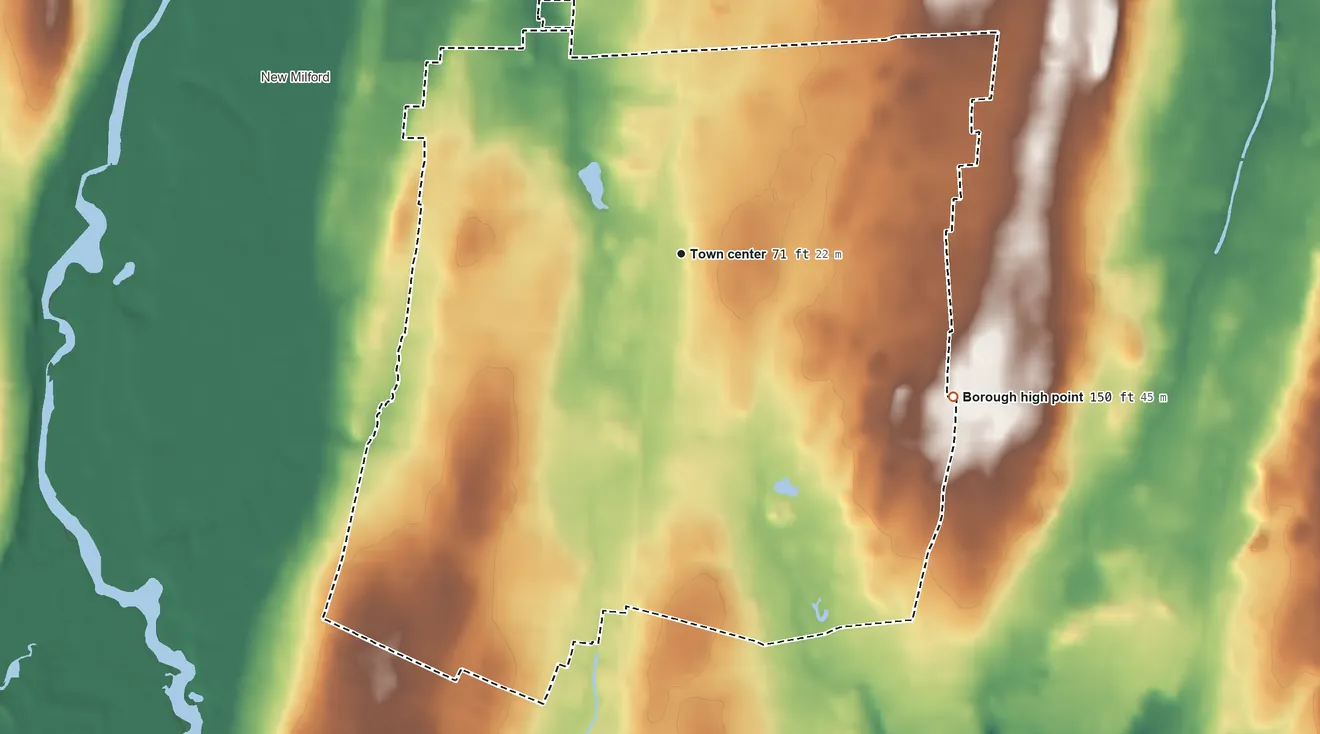 Topographic elevation map of Bergenfield, New Jersey, shaded from 34 ft on the northwest side to 150 ft on the southeast side