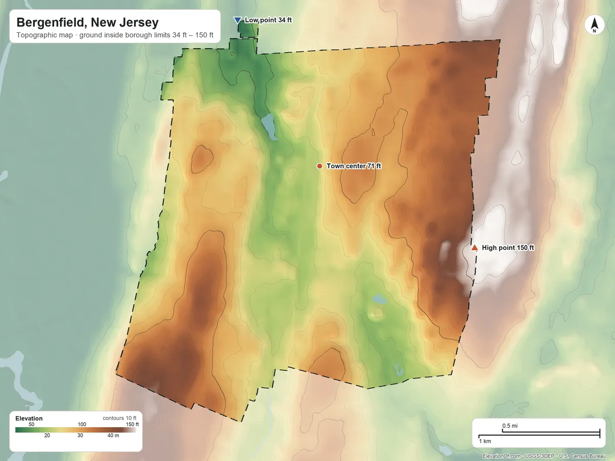Topographic elevation map of Bergenfield, New Jersey, shaded from 34 ft on the northwest side to 150 ft on the southeast side