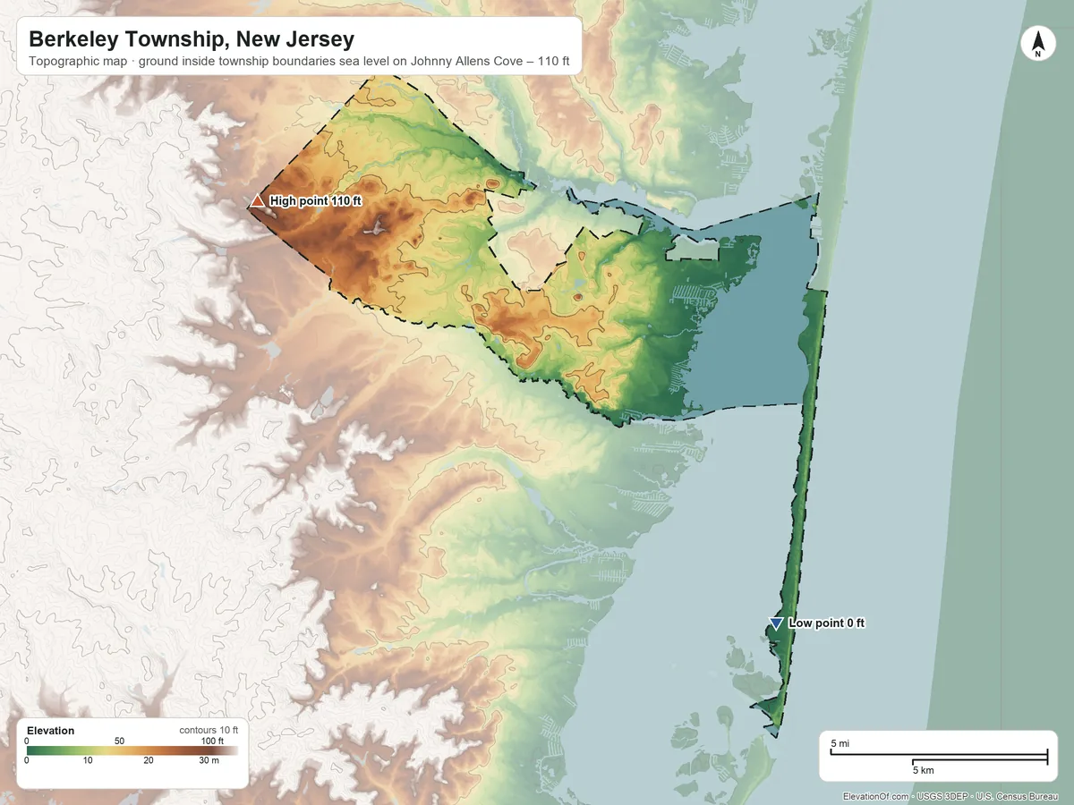 Topographic elevation map of Berkeley Township, New Jersey, shaded from sea level level on Johnny Allens Cove to 110 ft on the west side