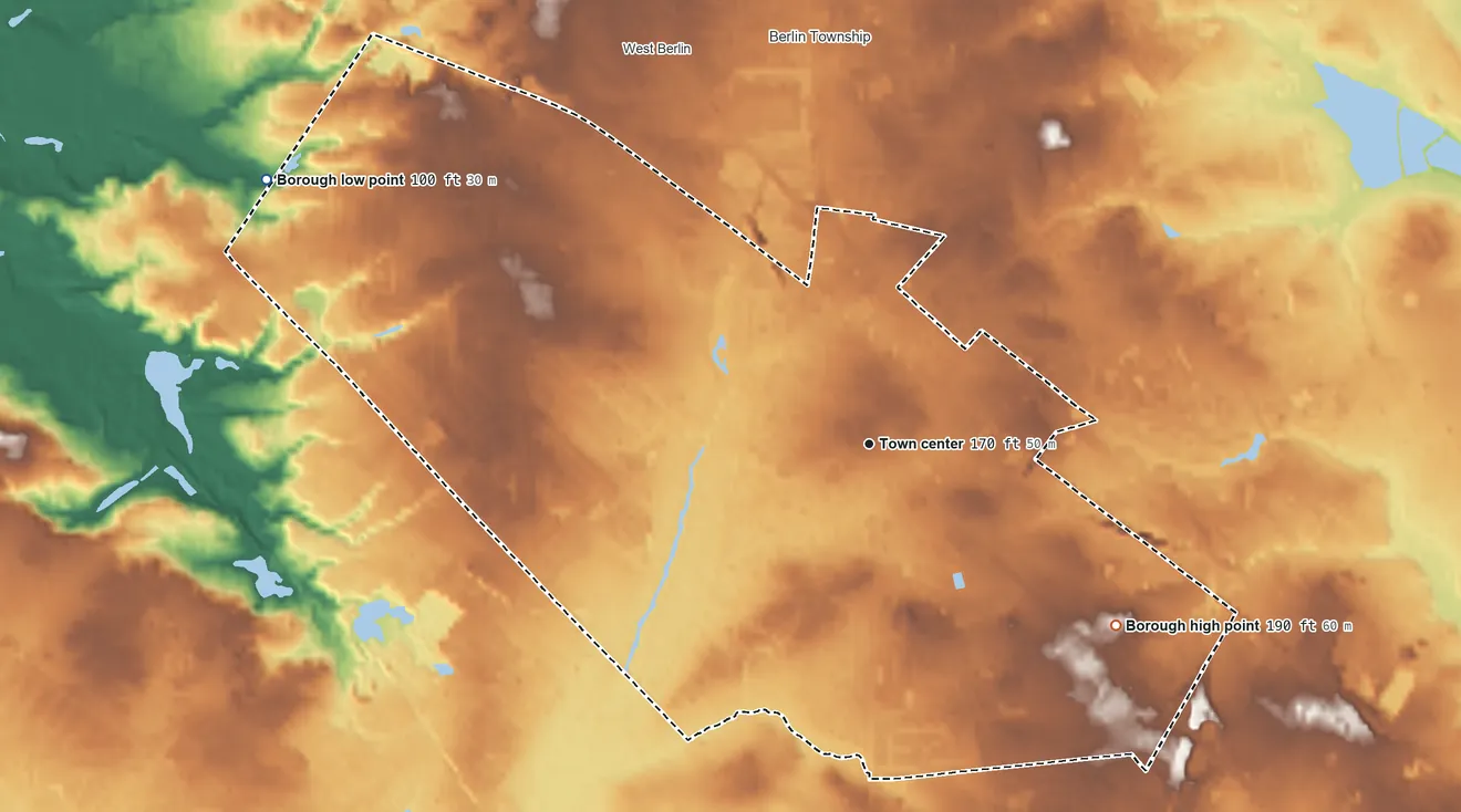 Topographic elevation map of Berlin, New Jersey, shaded from 100 ft on the northwest side to 190 ft on the southeast side