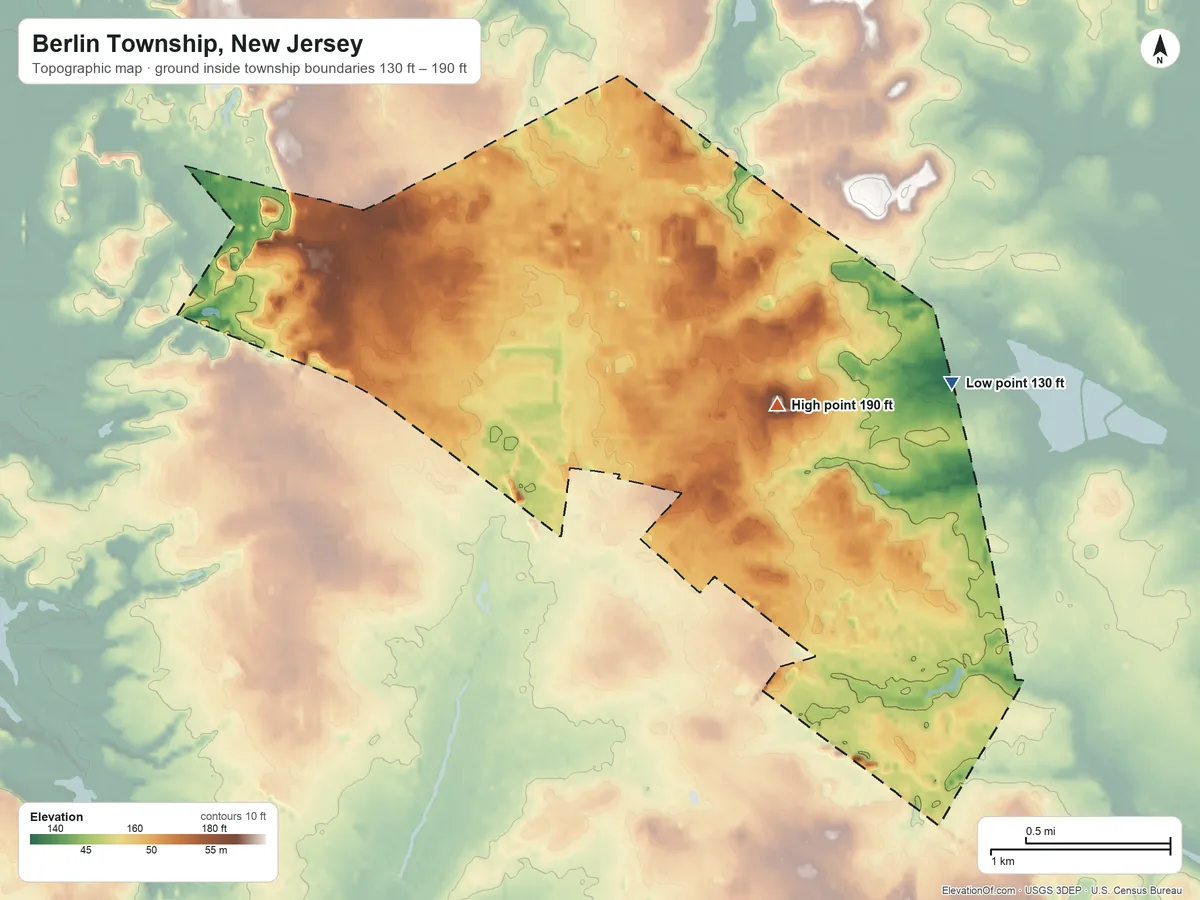 Topographic elevation map of Berlin Township, New Jersey, shaded from 130 ft on the east side to 190 ft on the southeast side