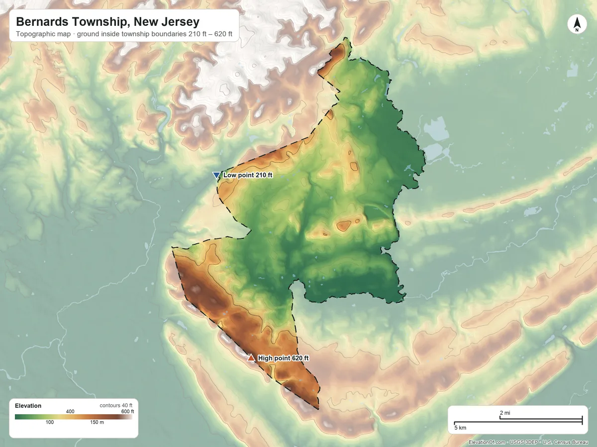 Topographic elevation map of Bernards Township, New Jersey, shaded from 210 ft on the northwest side to 620 ft on the southwest side