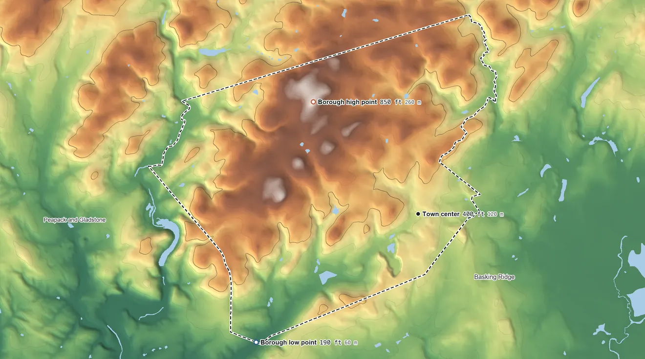 Topographic elevation map of Bernardsville, New Jersey, shaded from 190 ft on the southwest side to 850 ft on Mine Mountain