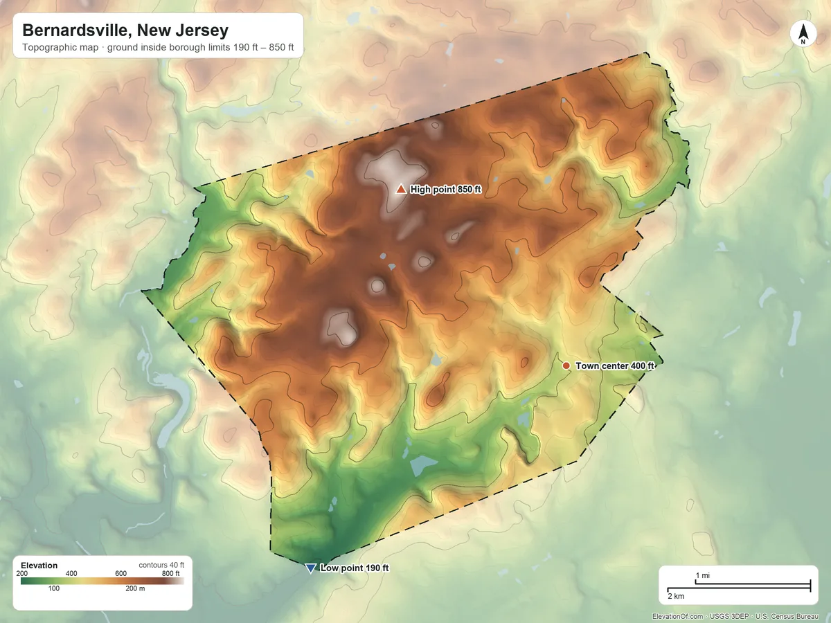 Topographic elevation map of Bernardsville, New Jersey, shaded from 190 ft on the southwest side to 850 ft on Mine Mountain