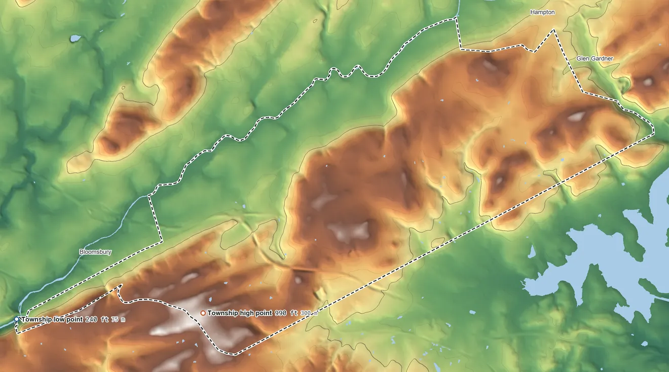 Topographic elevation map of Bethlehem Township, New Jersey, shaded from 240 ft on the west side to 990 ft on the southwest side