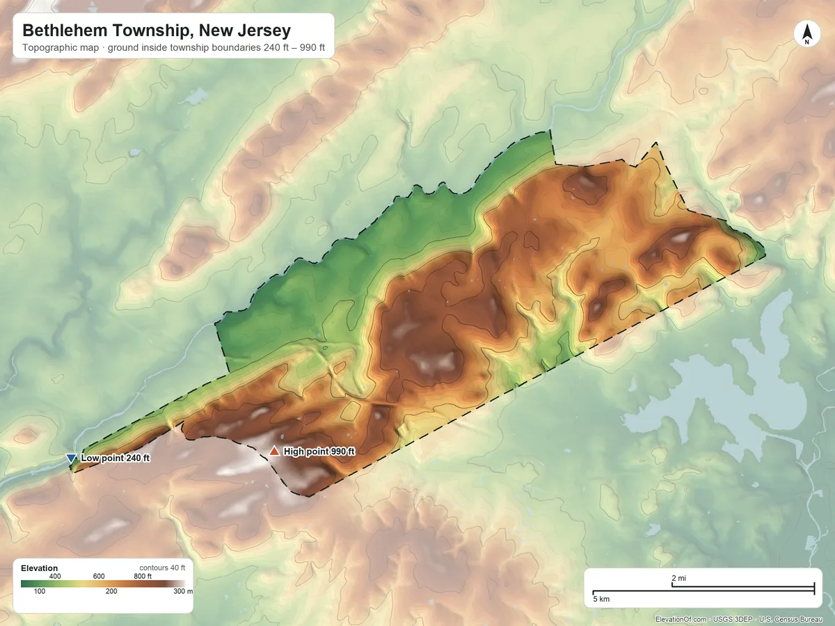 Topographic elevation map of Bethlehem Township, New Jersey, shaded from 240 ft on the west side to 990 ft on the southwest side