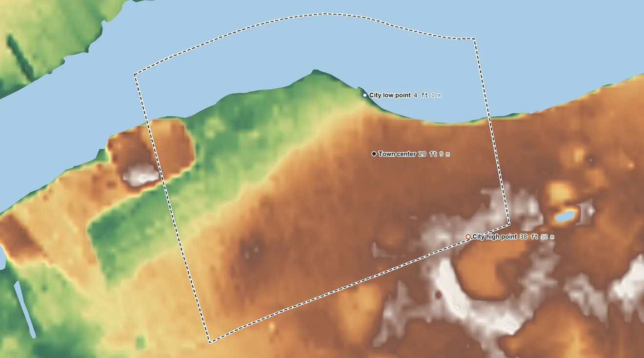 Topographic elevation map of Beverly, New Jersey, shaded from 4 ft on the north side to 38 ft on the southeast side